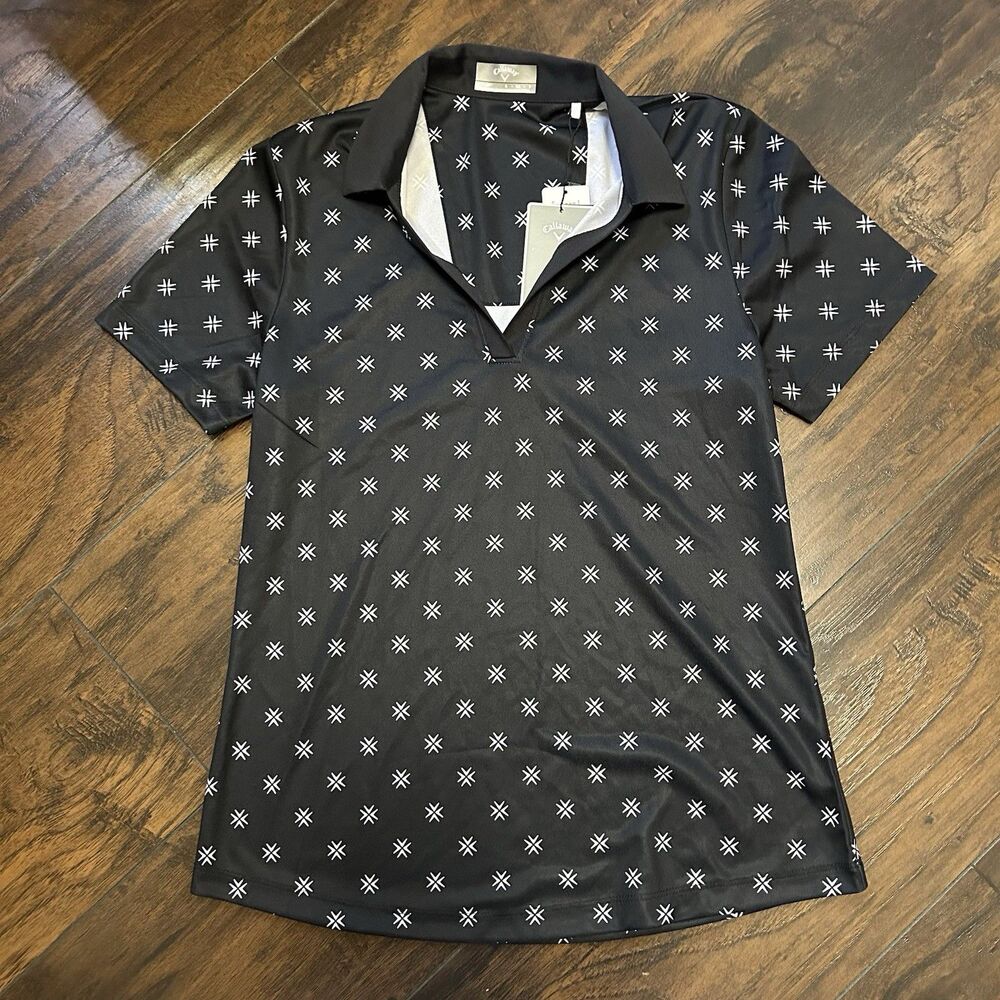 NWT Callaway Golf Ladies Chevron Floral Print Polo Black Small Performance
